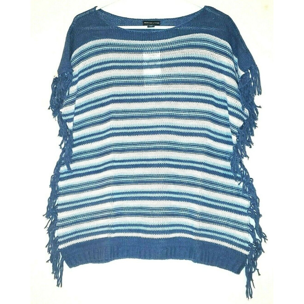 American Living Women Boat Neck Fringe Sweater Blue Multi Color Sleeveless L, XL